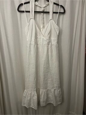 J. Crew White Linen Midi Dress with Ruffle Hem Detail